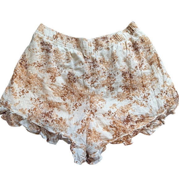 Abercrombie & Fitch Size Medium Linen Shorts Floral Tan White Ruffle Tia Booth - Picture 2 of 7